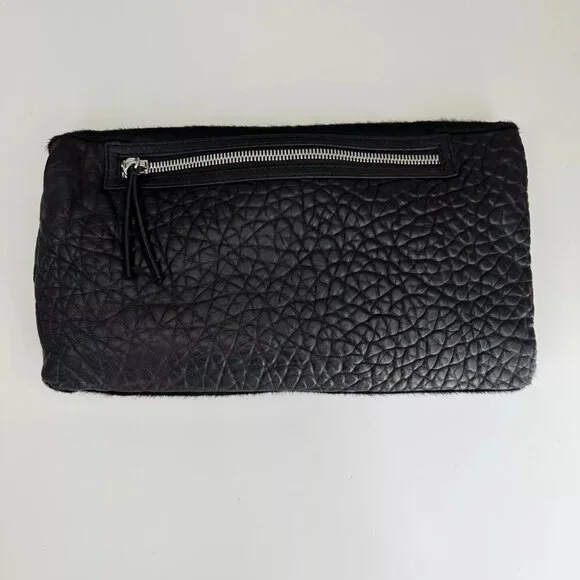 Alexander McQueen Black Leather Calf Hair Foldover Oversized Clutch